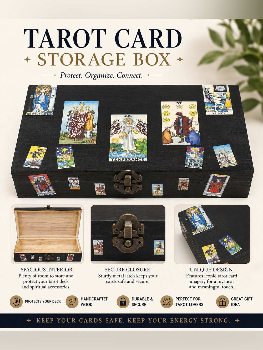 Tarot Card Storage Box - Black Wooden Tarot Deck Organizer